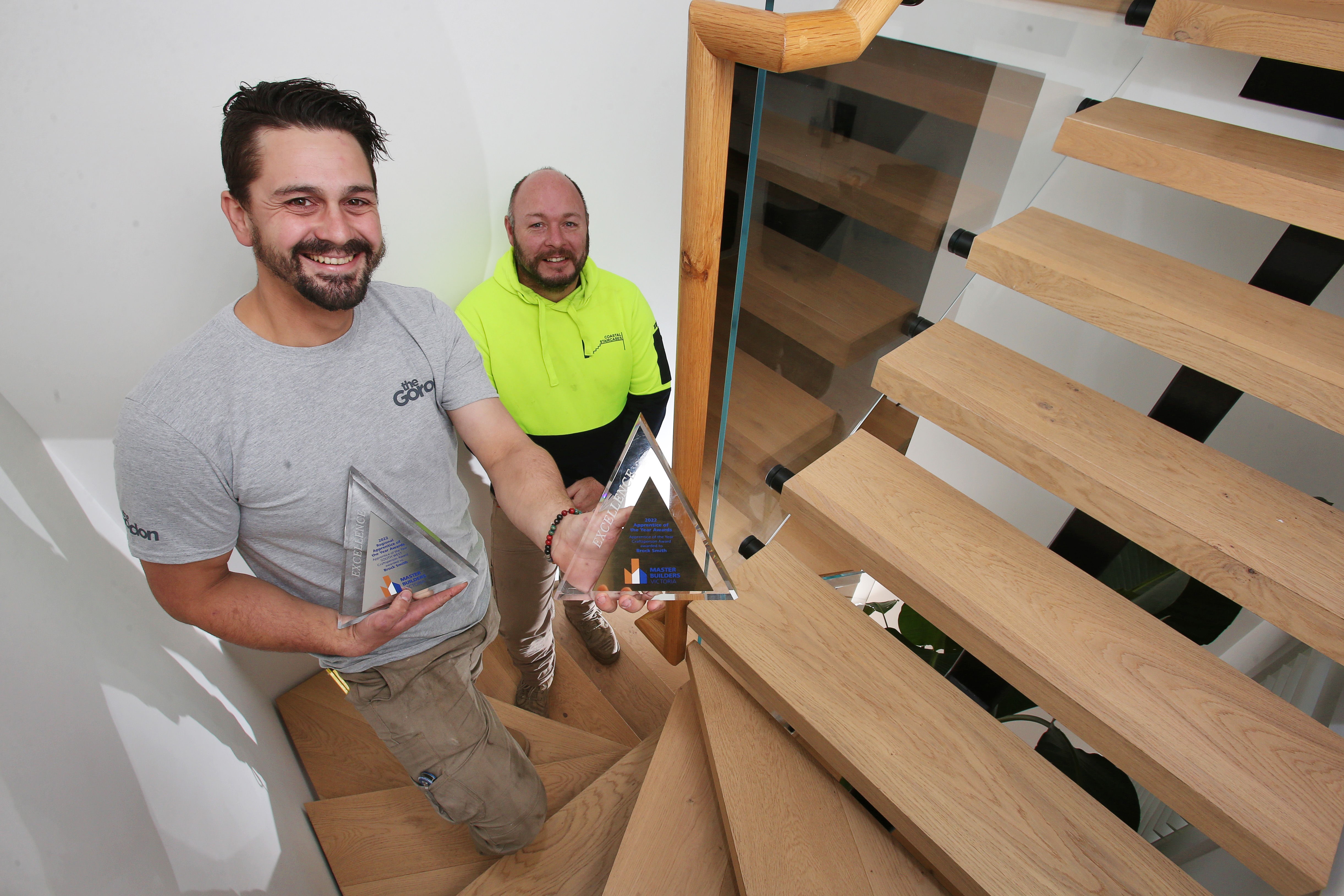 Brock Smith with employer Kris after winning MBAV Craftsperson of the Year awards for Geelong and Victoria