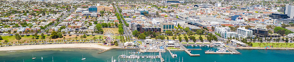 Aerial photograph of the Geelong waterfront with Geelong CBD in the background.